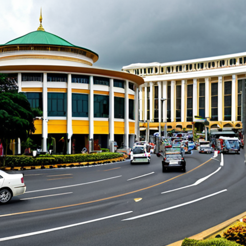 **Prompt:** A bustling Brunei street scene, showcasing a mix of modern cars and traditional architecture. Focus on a roundabout (rotary) with cars yielding to traffic on the right. Depict a sense of economic growth with newer vehicles, but also highlight potential traffic congestion. Consider a slightly overcast sky, common in Brunei's climate. Style: Realistic, slightly gritty.