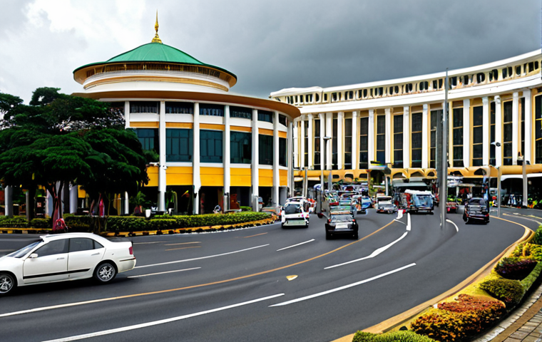 **Prompt:** A bustling Brunei street scene, showcasing a mix of modern cars and traditional architecture. Focus on a roundabout (rotary) with cars yielding to traffic on the right. Depict a sense of economic growth with newer vehicles, but also highlight potential traffic congestion. Consider a slightly overcast sky, common in Brunei's climate. Style: Realistic, slightly gritty.