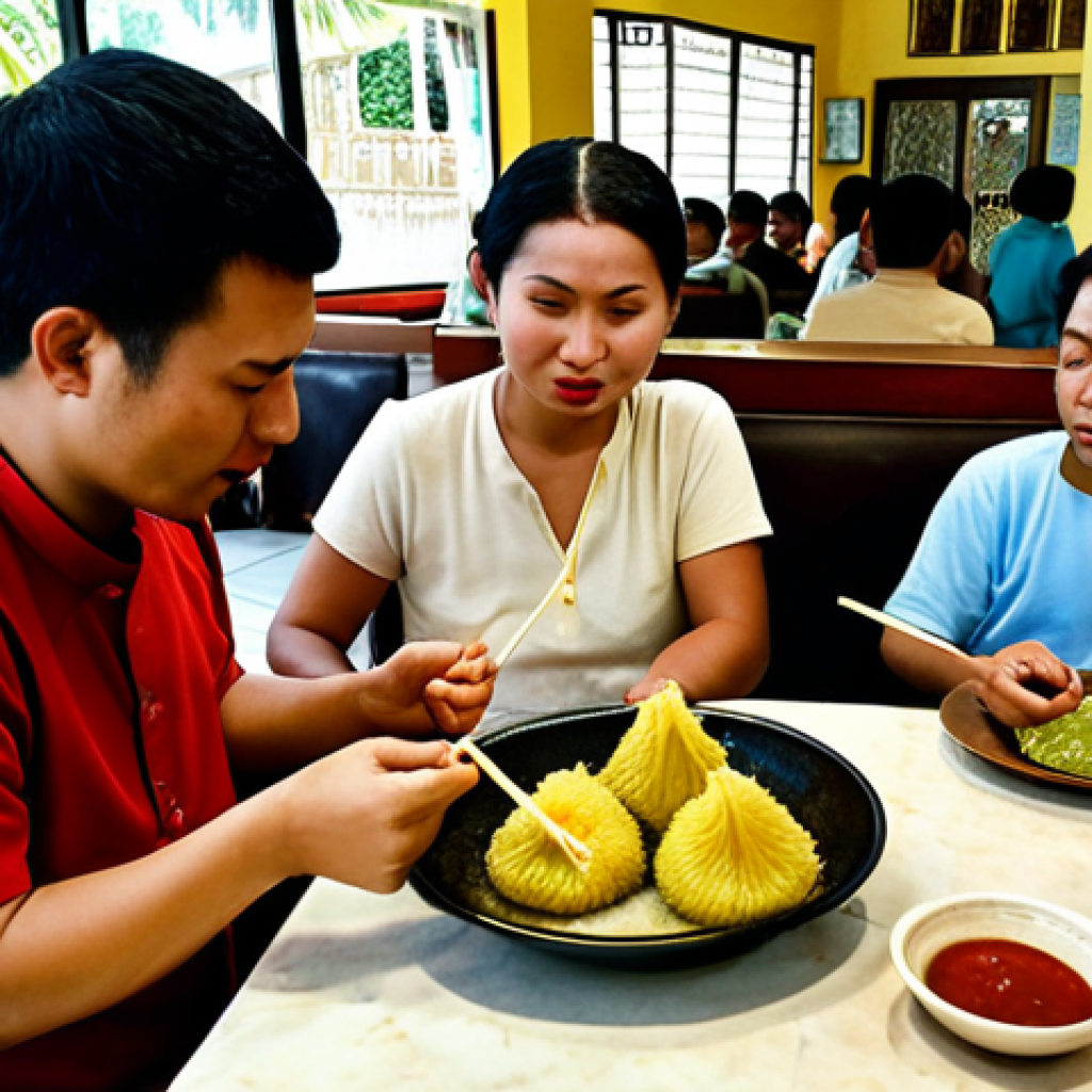 **
A bustling local restaurant ("Aminah Arif Restaurant") filled with people enjoying *ambuyat*. Focus on the unique texture of *ambuyat* being twirled on chopsticks and dipped into various sauces. Include a bowl of *tempoyak* sauce (fermented durian) with a slightly challenging expression on someone's face trying it for the first time.
**