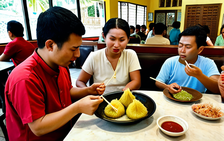 **

A bustling local restaurant ("Aminah Arif Restaurant") filled with people enjoying *ambuyat*. Focus on the unique texture of *ambuyat* being twirled on chopsticks and dipped into various sauces. Include a bowl of *tempoyak* sauce (fermented durian) with a slightly challenging expression on someone's face trying it for the first time.

**