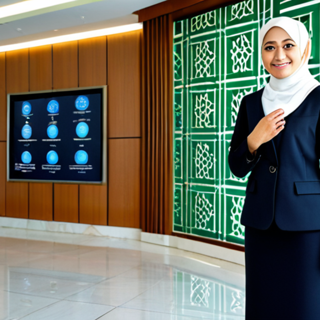 A professional Bruneian female financial expert, fully clothed in a modest, modern business suit, confidently standing in a high-tech Islamic bank lobby. The background features sleek architectural design with subtle Islamic geometric patterns and digital displays showcasing financial data and green investment projects. The image conveys innovation and stability. perfect anatomy, correct proportions, natural pose, well-formed hands, proper finger count, natural body proportions, professional photography, high quality, safe for work, appropriate content, family-friendly, professional dress.