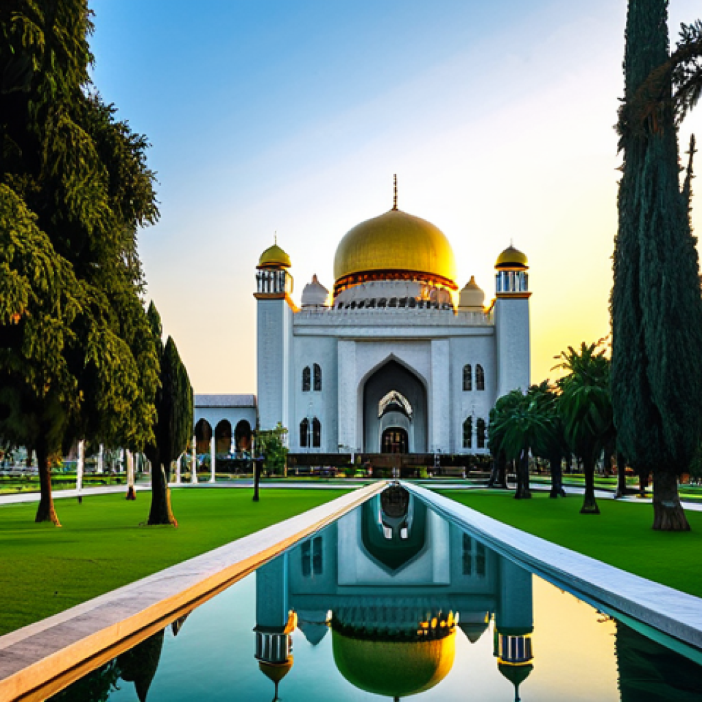 **Sultan Omar Ali Saifuddien Mosque:** "Majestic Sultan Omar Ali Saifuddien Mosque at sunset, golden dome reflecting the light, surrounded by lush gardens, fully clothed tourists admiring the view, appropriate attire, safe for work, perfect anatomy, correct proportions, professional photography, high quality, clear sky, serene atmosphere."