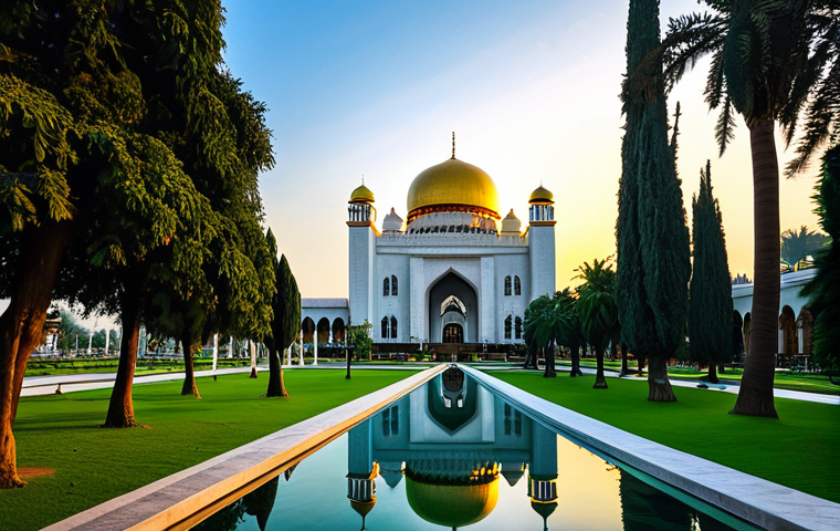 **Sultan Omar Ali Saifuddien Mosque:** "Majestic Sultan Omar Ali Saifuddien Mosque at sunset, golden dome reflecting the light, surrounded by lush gardens, fully clothed tourists admiring the view, appropriate attire, safe for work, perfect anatomy, correct proportions, professional photography, high quality, clear sky, serene atmosphere."