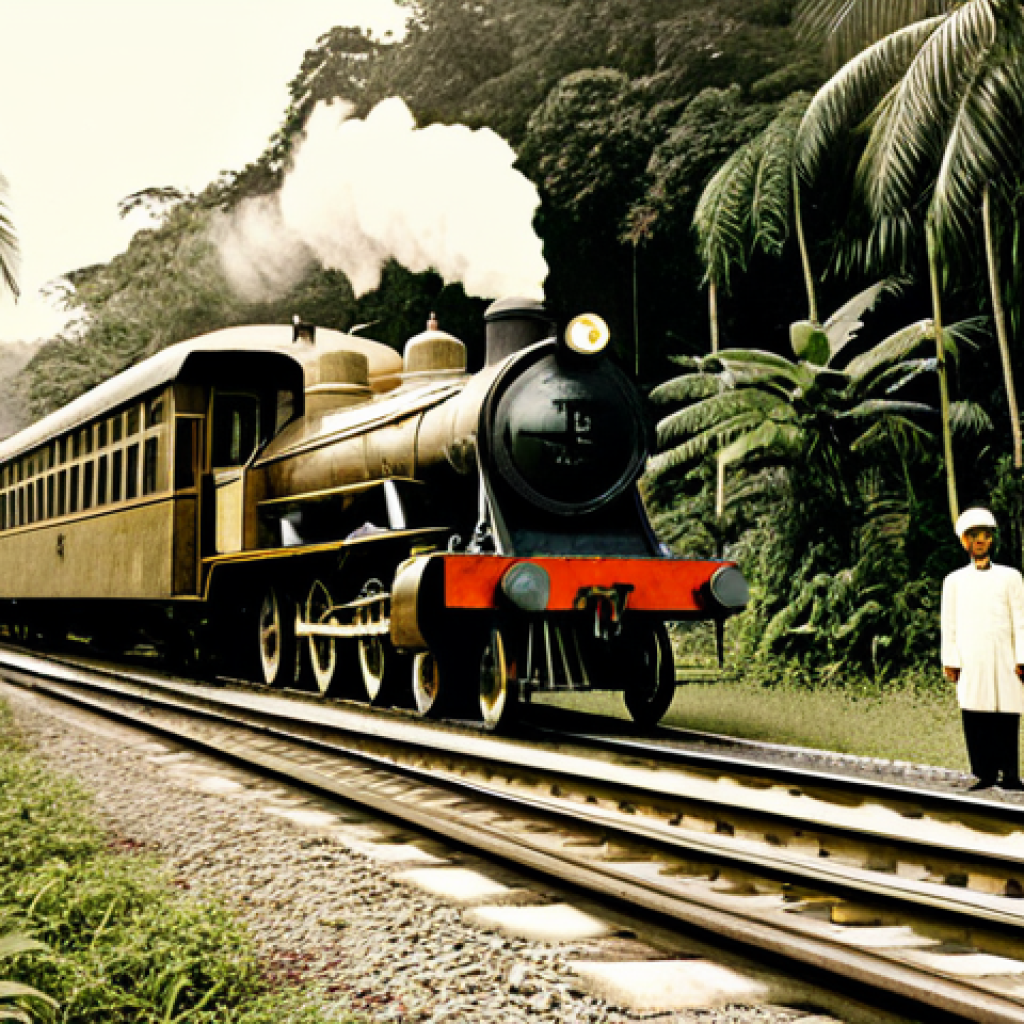 브루나이 철도 역사 - Early 20th Century Oil Train**

`A vintage photograph of a Brunei oil train chugging through lush ju...