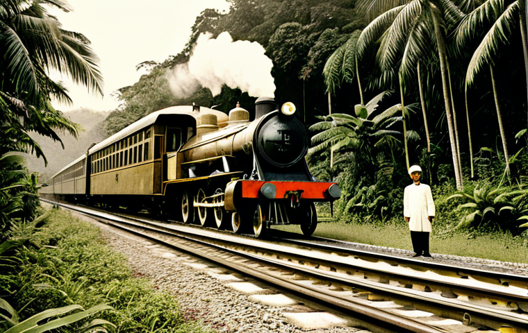브루나이 철도 역사 - Early 20th Century Oil Train**

`A vintage photograph of a Brunei oil train chugging through lush ju...