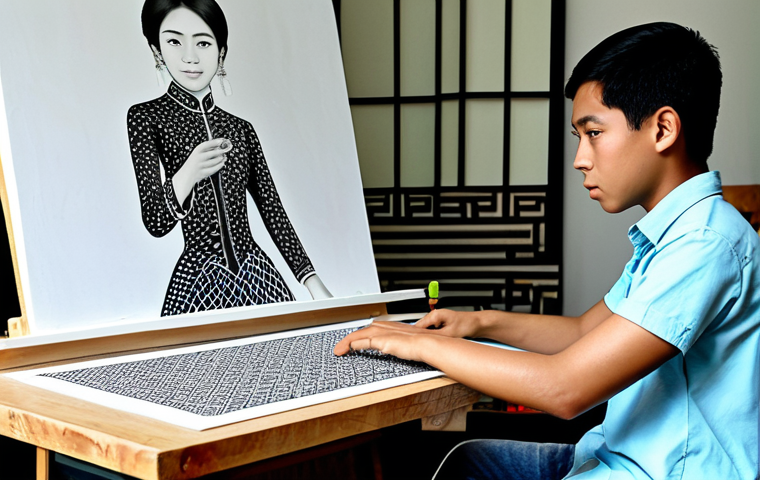 브루나이의 현대 예술 전시 - Young Bruneian Artist**

"A young, fully clothed Bruneian artist in a modest studio, surrounded by t...