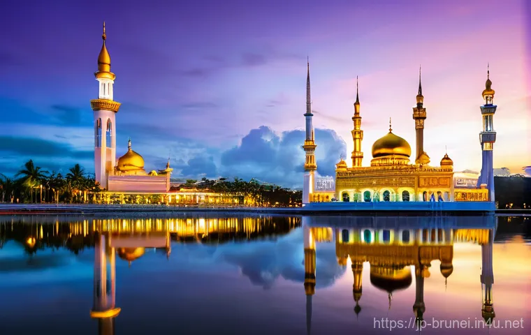 브루나이 가이드 투어 비용 - Prompt 1: Majestic Mosques at Sunset**