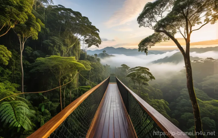 브루나이 생태 관광 - Prompt 1: Sunrise Over the Ulu Temburong Canopy Walk** 브루나이 생태 관광 - Prompt 1: Sunrise Over the Ulu Temburong Canopy Walk**