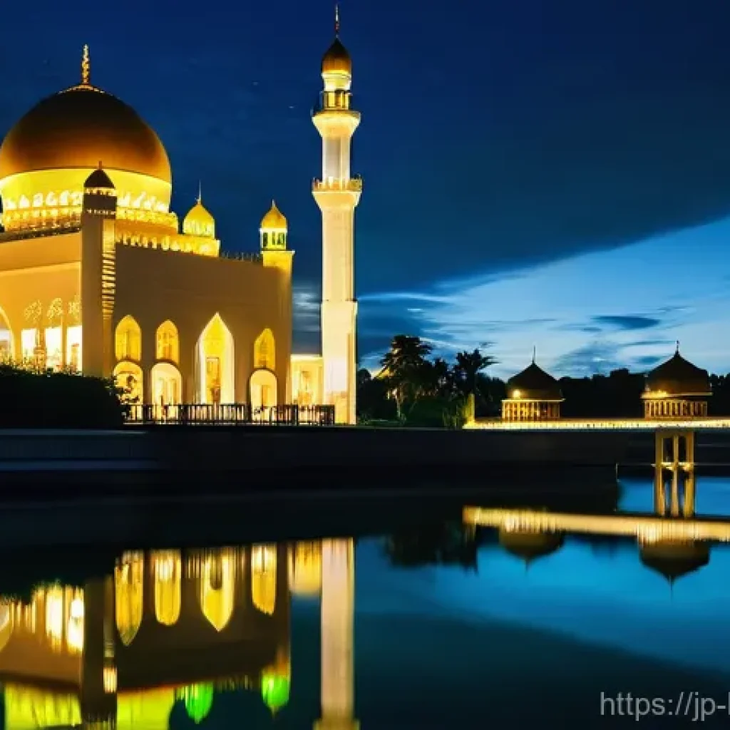 브루나이 이슬람 사원 소개 - **Omar Ali Saifuddien Mosque at Night: Golden Reflection**
A breathtaking night view of the Omar...