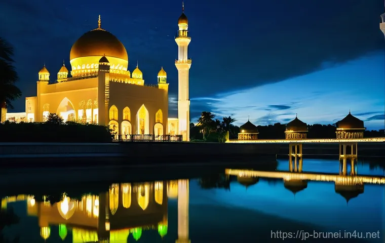 브루나이 이슬람 사원 소개 - **Omar Ali Saifuddien Mosque at Night: Golden Reflection**
    A breathtaking night view of the Omar...