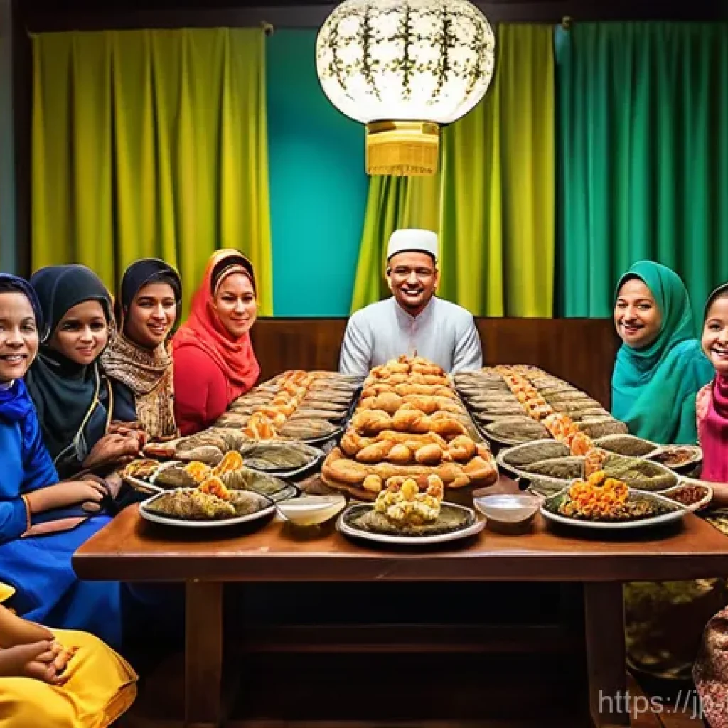 브루나이 공휴일 및 축제일 - **Prompt:** A serene and vibrant scene depicting an Iftar meal during Ramadan in Brunei. Families an...