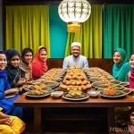 브루나이 공휴일 및 축제일 - **Prompt:** A serene and vibrant scene depicting an Iftar meal during Ramadan in Brunei. Families an...