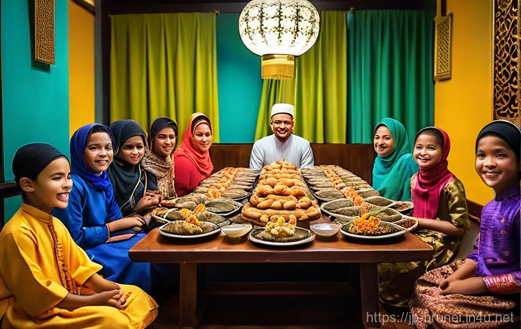 브루나이 공휴일 및 축제일 - **Prompt:** A serene and vibrant scene depicting an Iftar meal during Ramadan in Brunei. Families an...