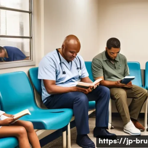 브루나이 의료 서비스 수준 - **Prompt:** A bustling hospital waiting room filled with diverse individuals. Families sit together,...