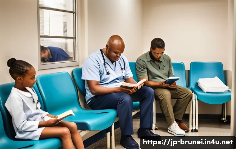 브루나이 의료 서비스 수준 - **Prompt:** A bustling hospital waiting room filled with diverse individuals. Families sit together,...
