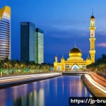 브루나이와 아세안 경제 협력 - **Prompt:** A vibrant, futuristic cityscape of Brunei at dusk, seamlessly blending traditional Islam...