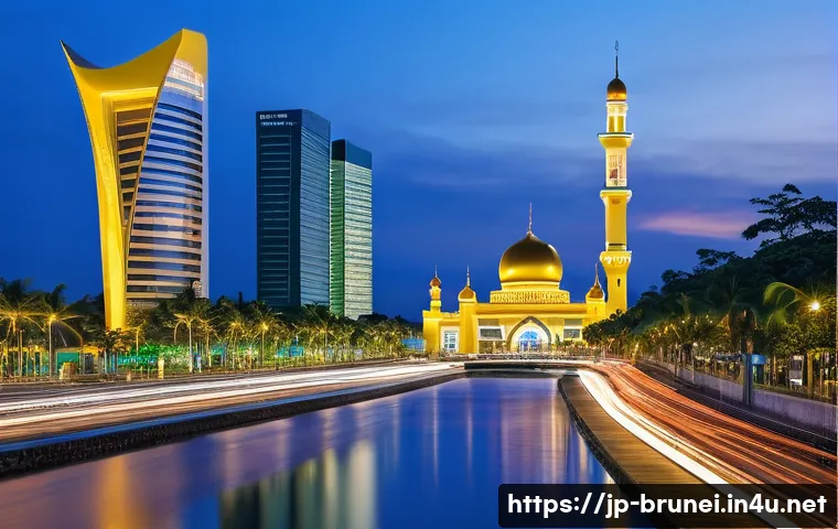 브루나이와 아세안 경제 협력 - **Prompt:** A vibrant, futuristic cityscape of Brunei at dusk, seamlessly blending traditional Islam...